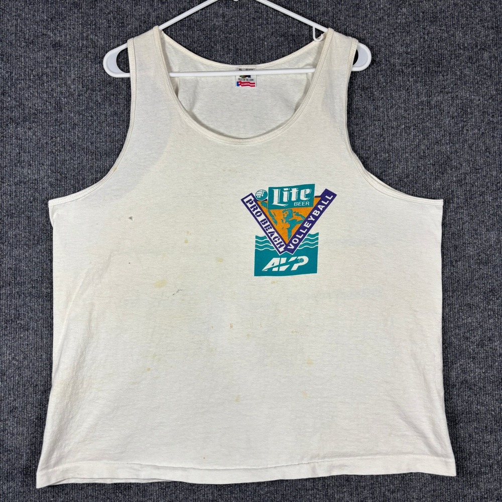 Vintage 90s Fruit of the Loom Tank Top Mens XL White Lite Beer AVP Volleyball